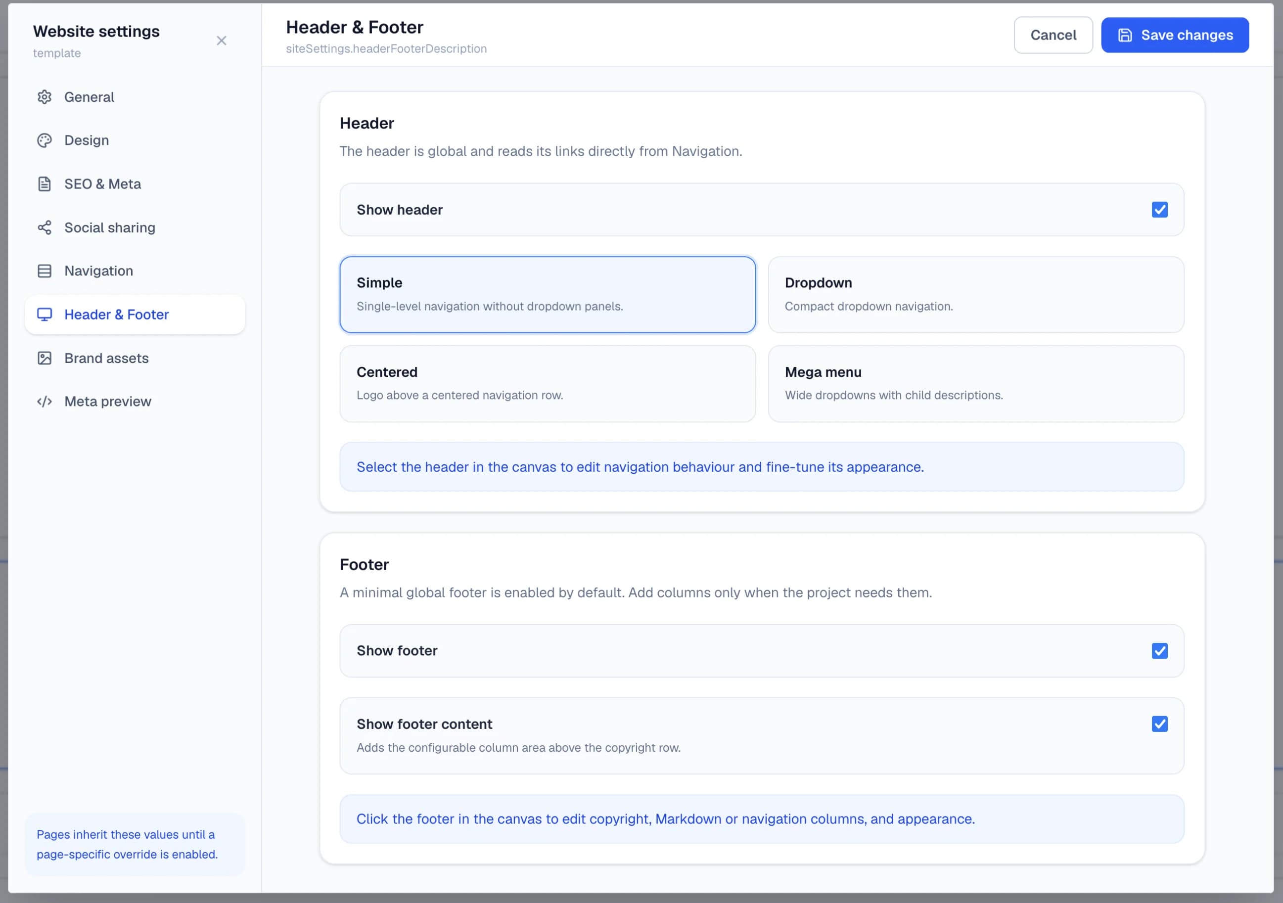 Configure the global header and footer in the Windblocks builder