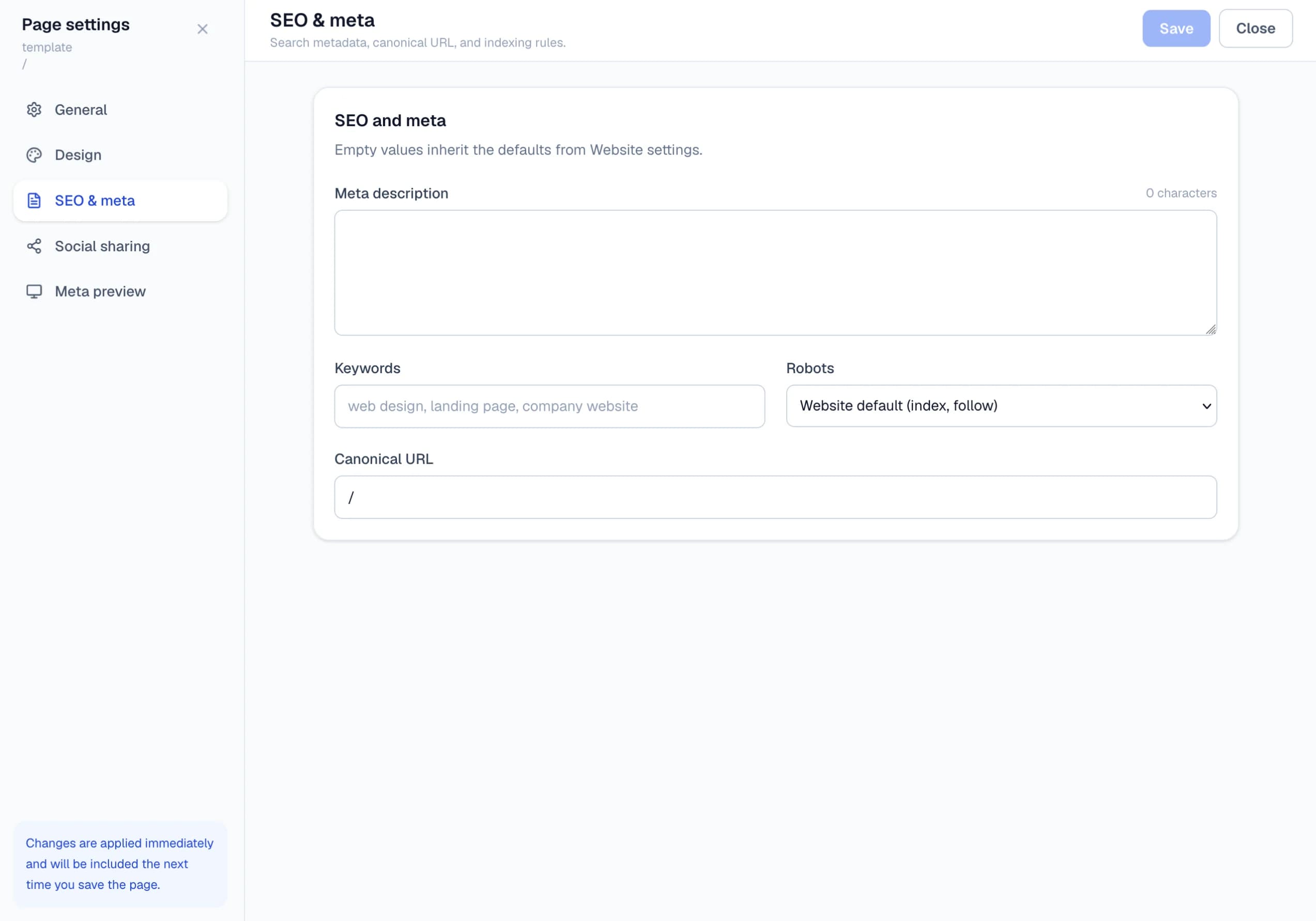Control route-specific SEO in the Windblocks builder
