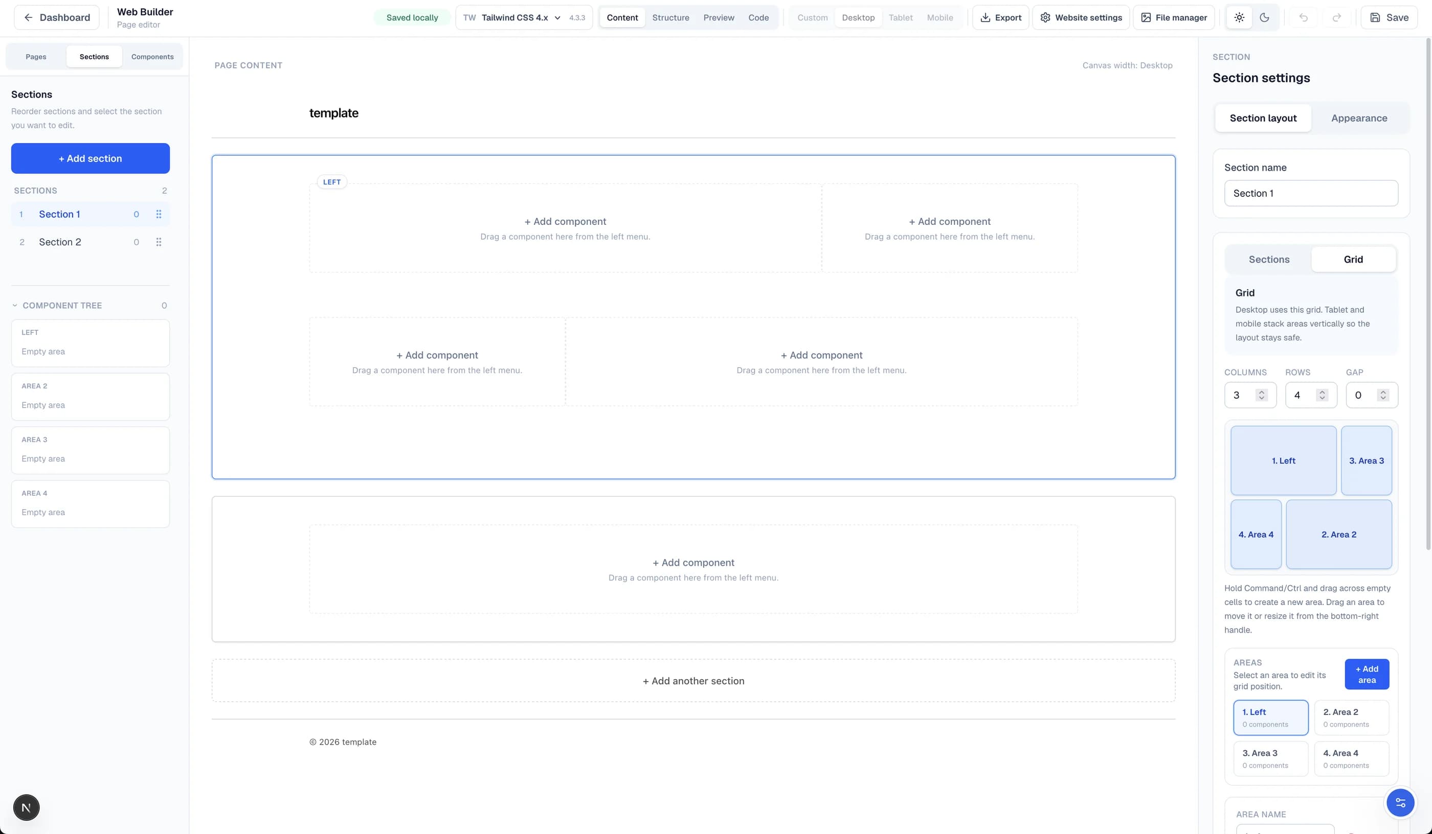 Choose the responsive grid inside each section in the Windblocks builder