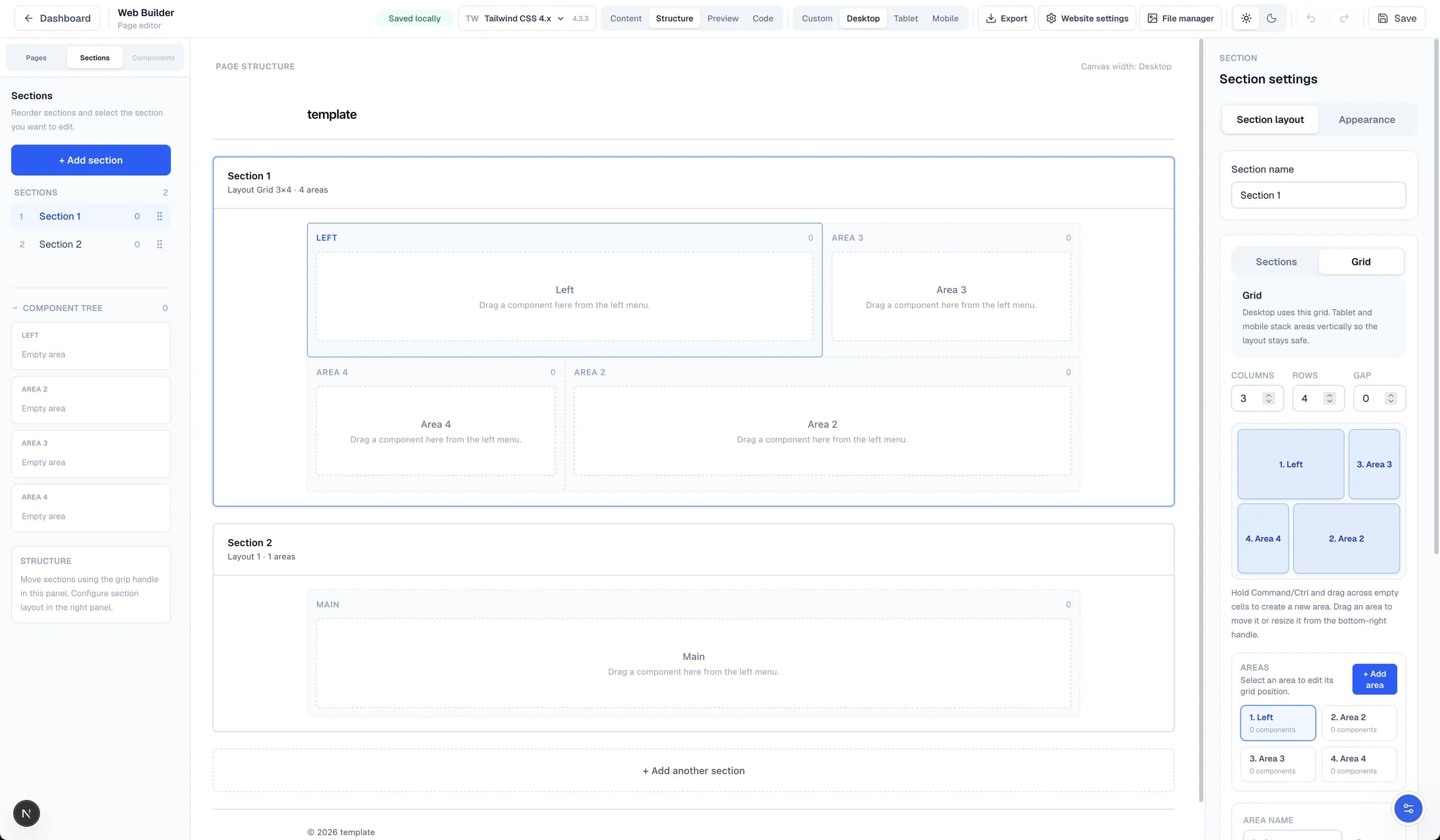Use Structure mode to see the page skeleton in the Windblocks builder