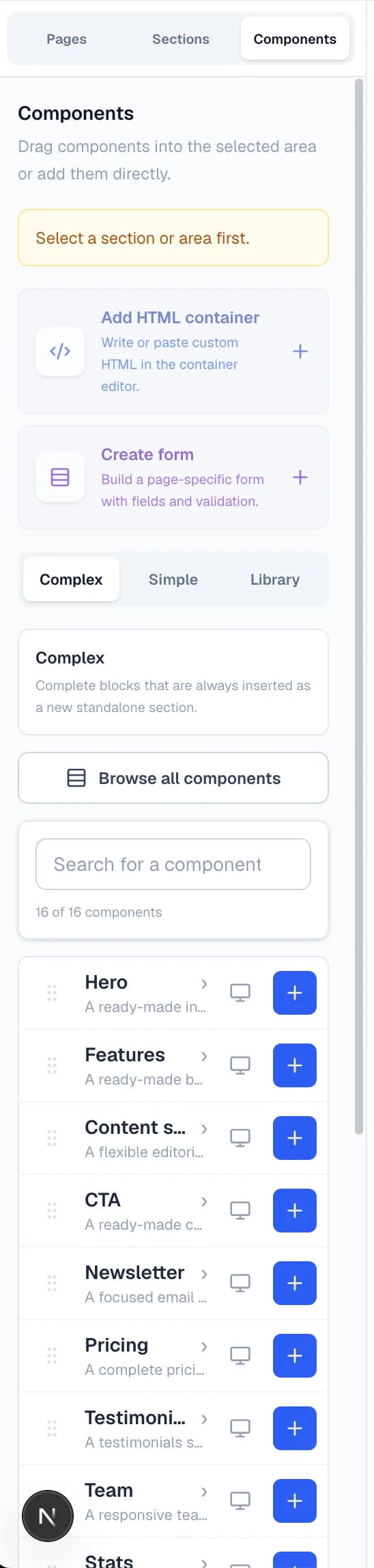 Browse components by role in the Windblocks builder