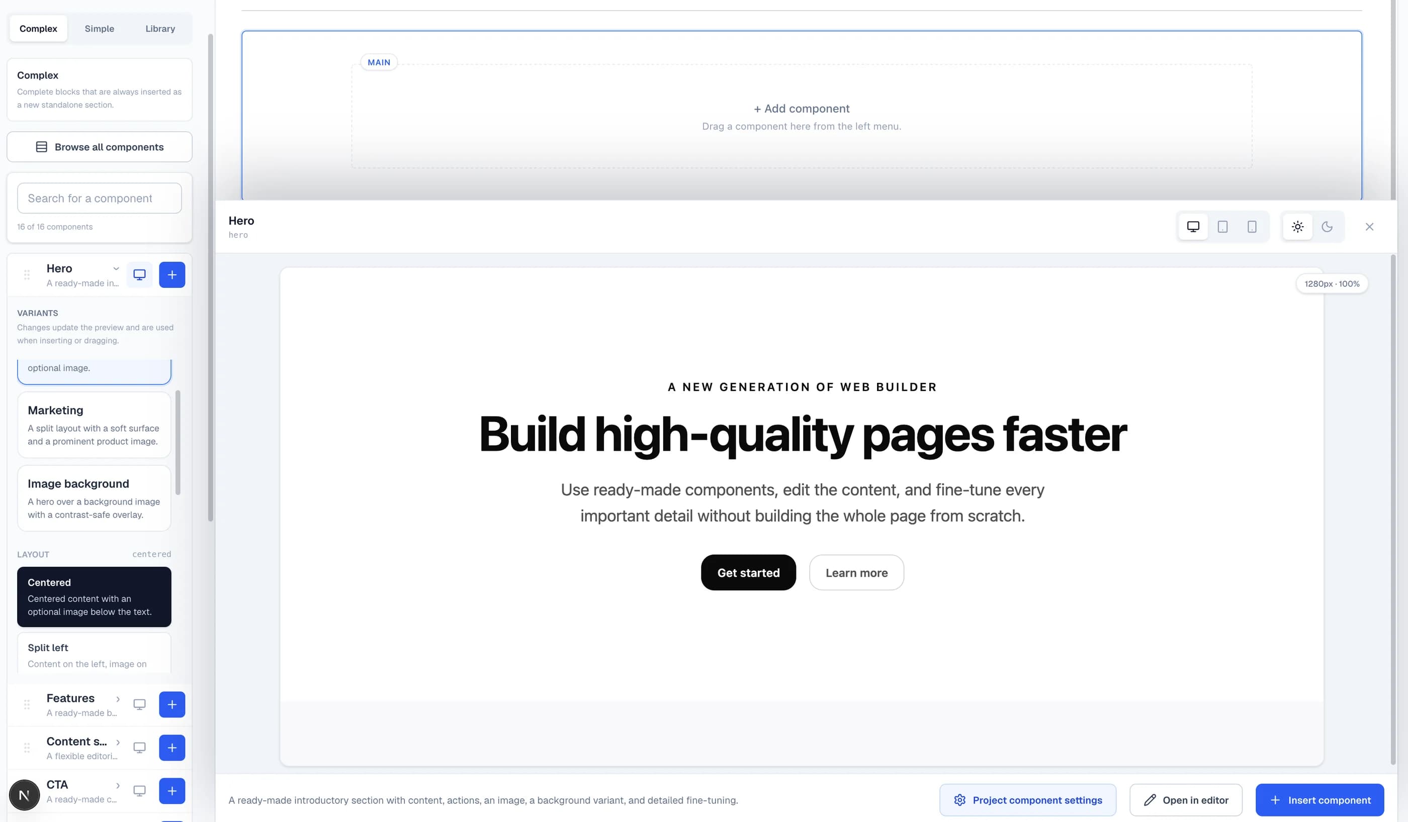 Use Complex components for complete rows and page regions in the Windblocks builder