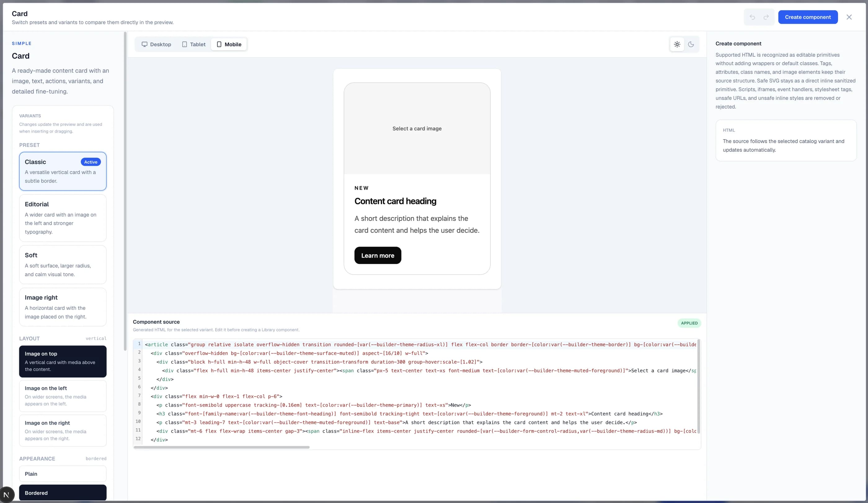 Open a prepared component when you need to understand or reuse its structure in the Windblocks builder