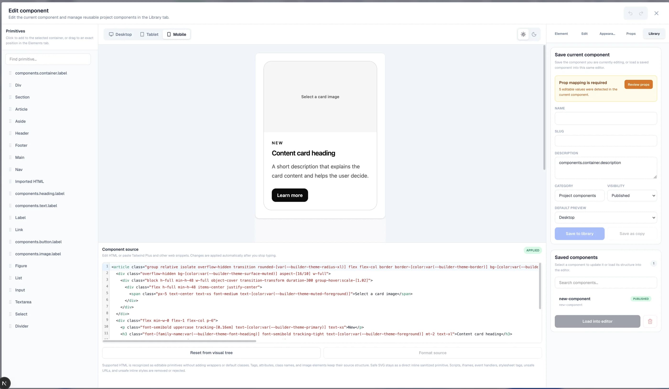 Create a project component from supported HTML in the Windblocks builder