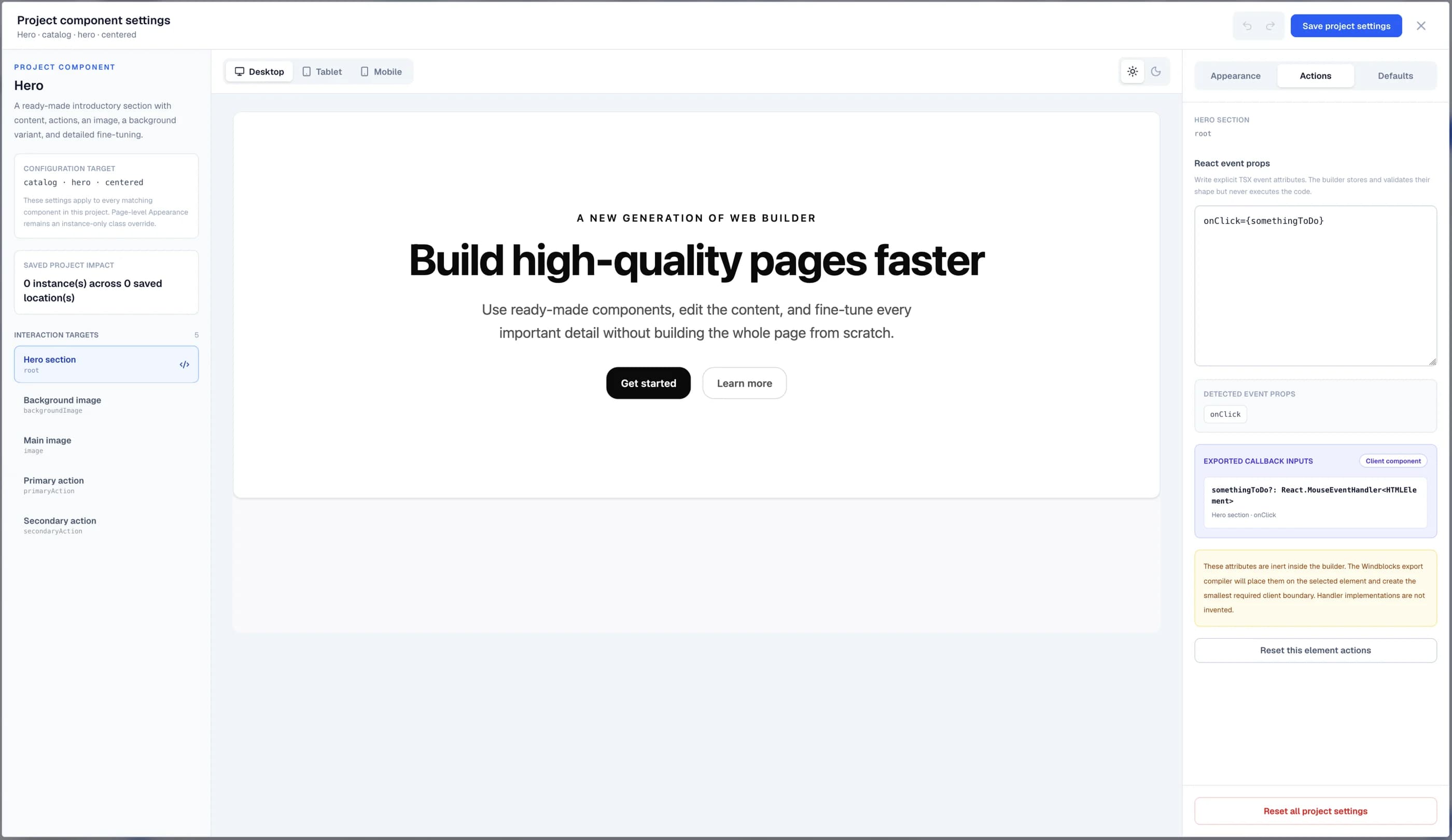 Prepare project-level Appearance, Actions and Defaults before page-level overrides in the Windblocks builder