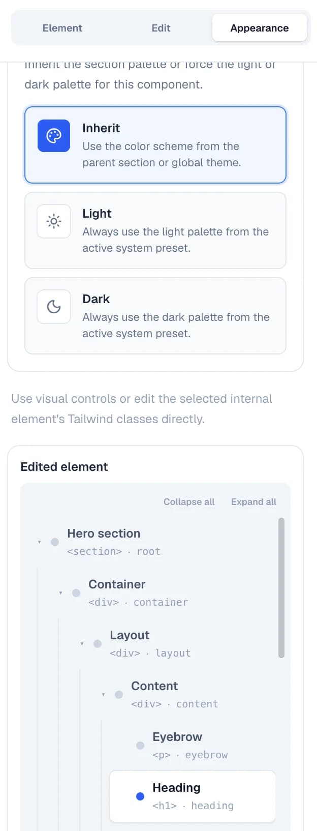 Select the internal element you want to fine-tune in the Windblocks builder