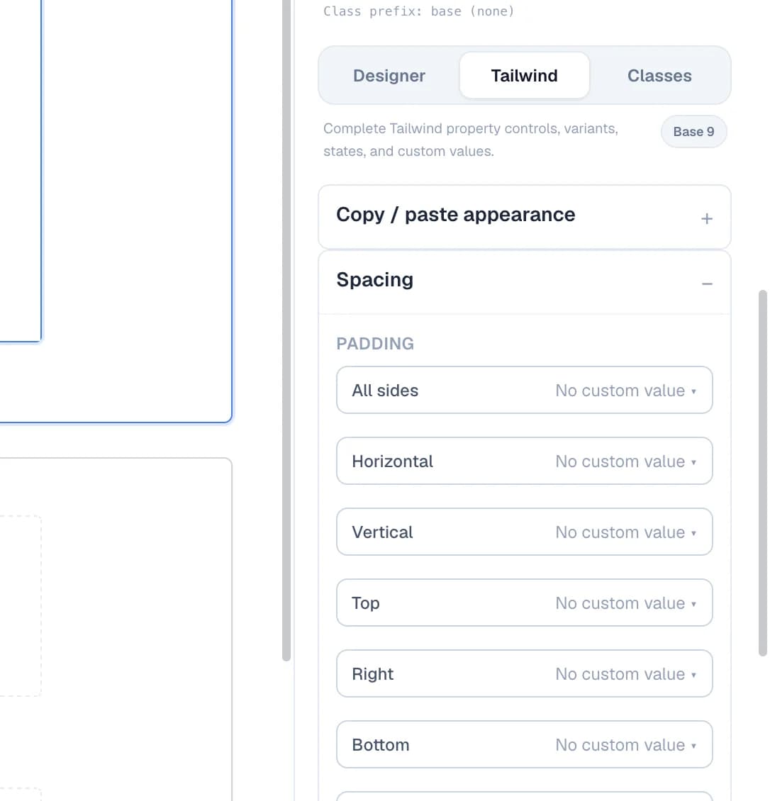 Fine-tune Tailwind values directly in the Windblocks builder