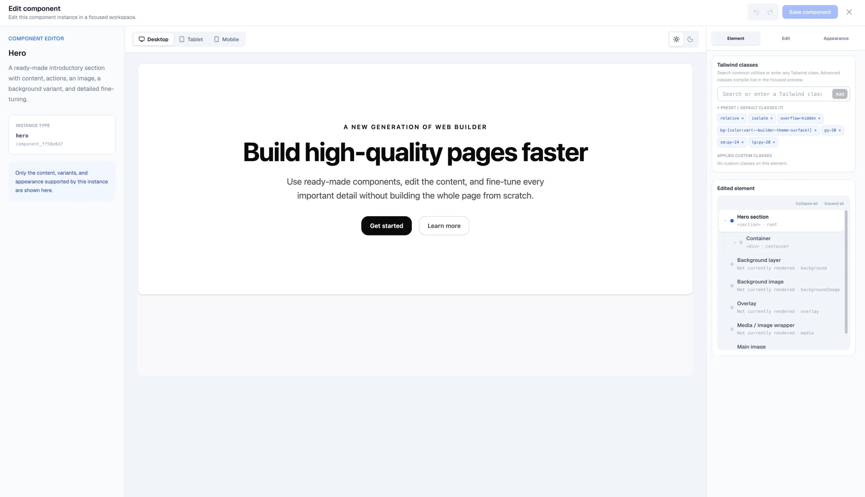 Open a focused editing workspace for deeper changes in the Windblocks builder