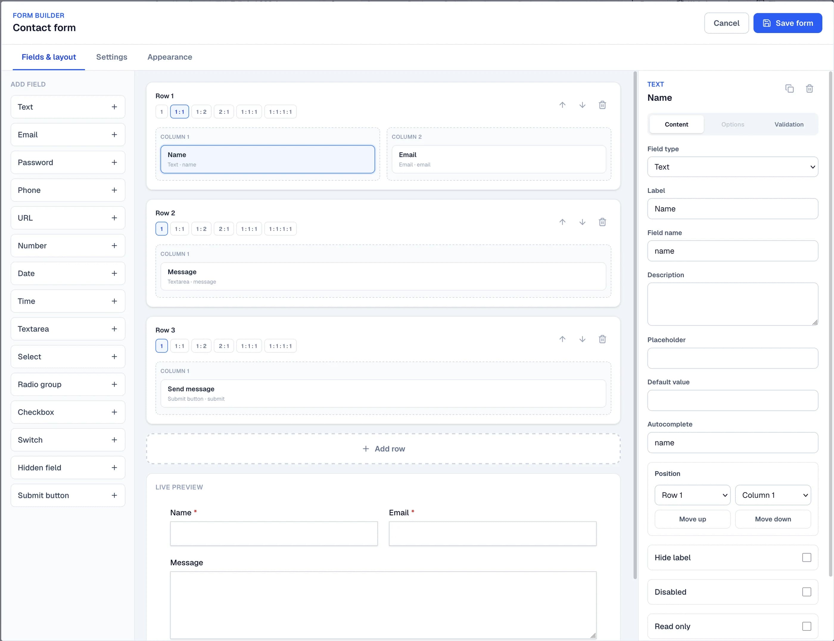 Compose fields and responsive rows visually in the Windblocks builder
