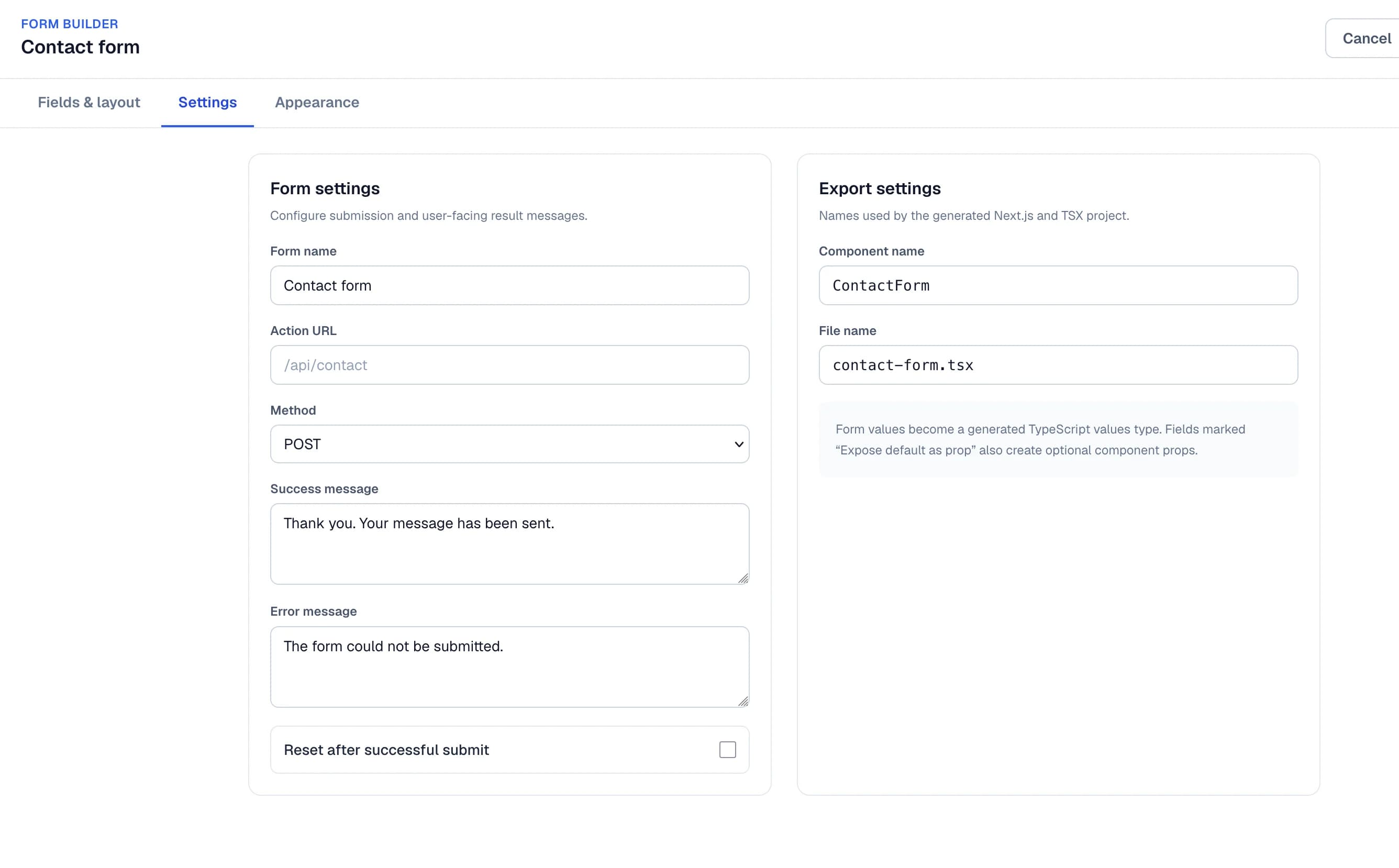Configure behaviour, validation and export naming in the Windblocks builder