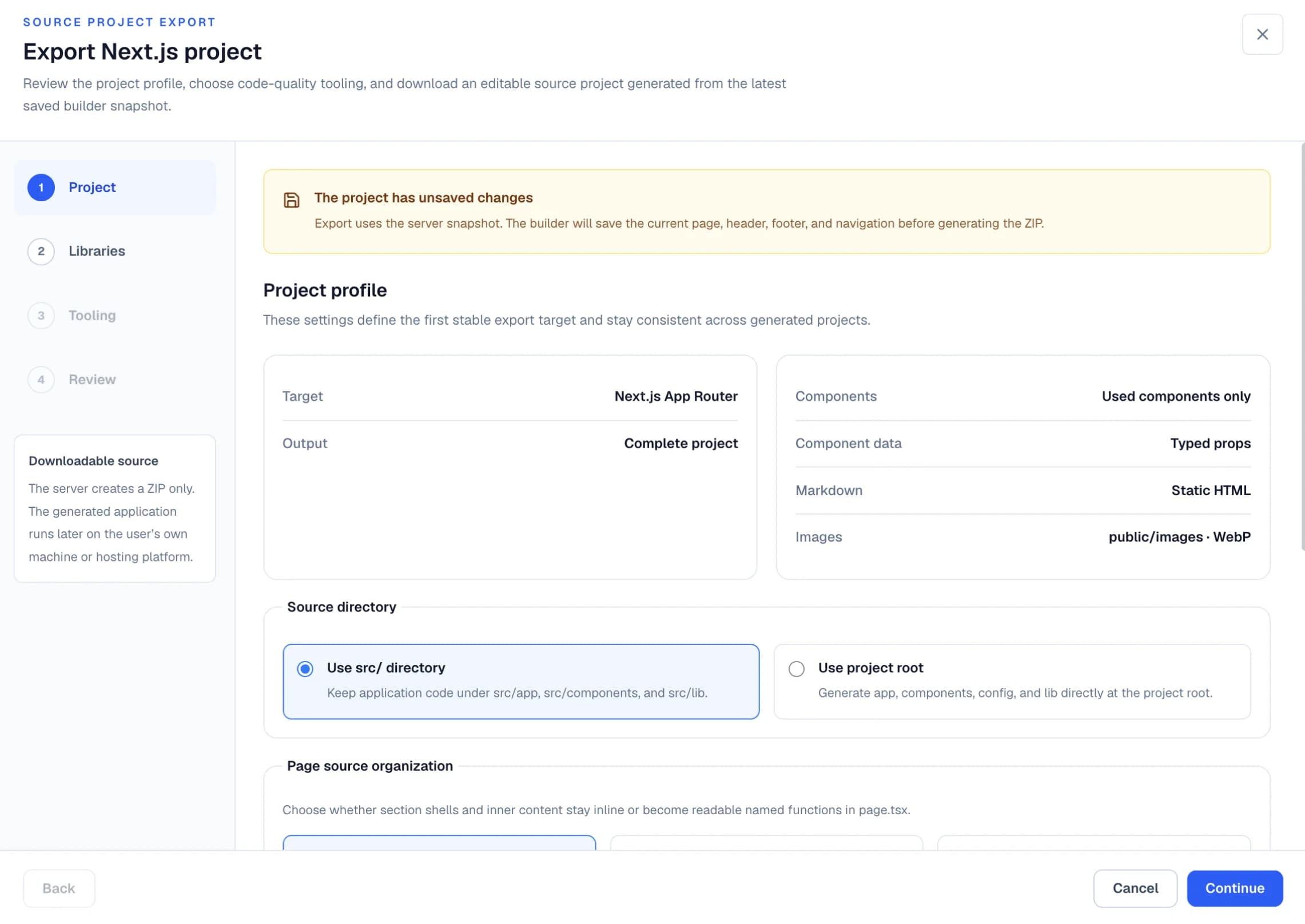Choose the generated Next.js project structure in the Windblocks builder