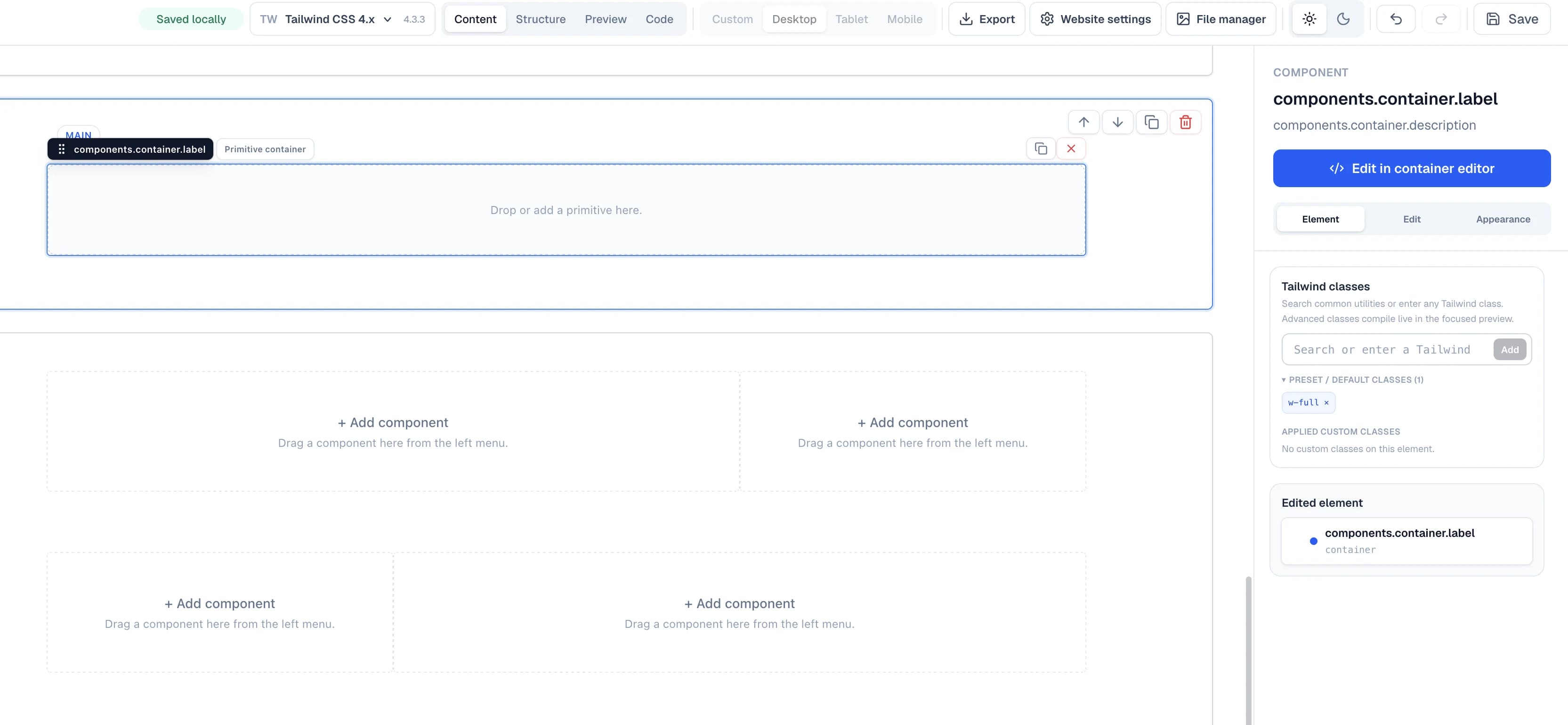Open the container as a real editable component in the Windblocks builder
