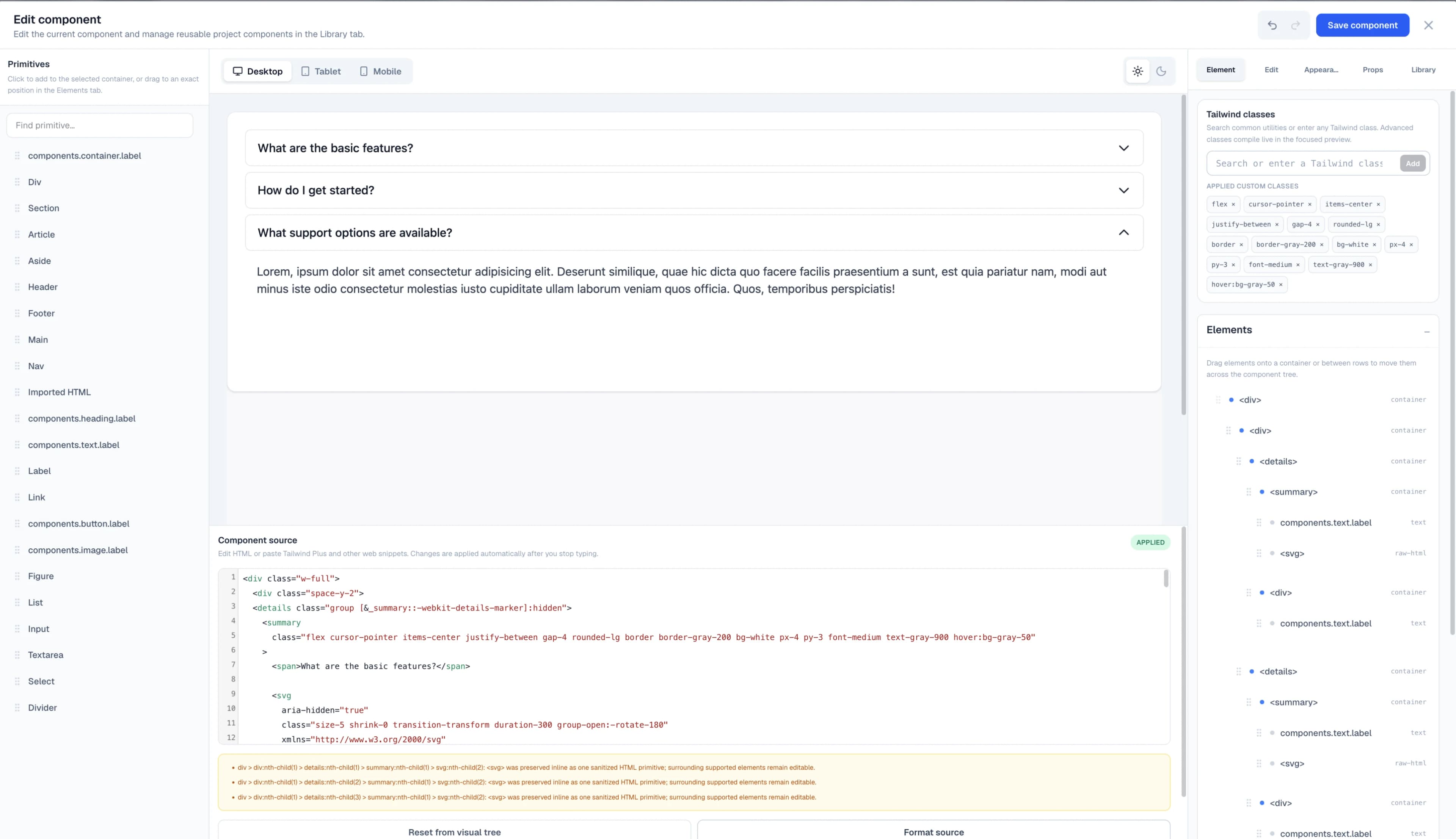 Paste compatible third-party HTML and Tailwind markup in the Windblocks builder